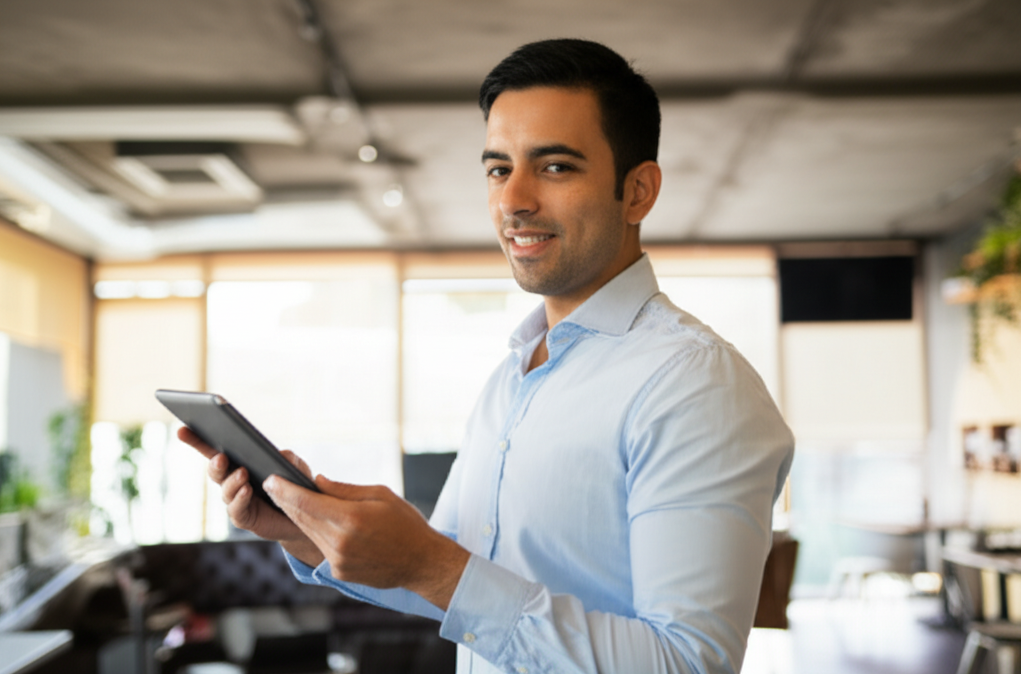 Restaurant owner smiling while checking reservations