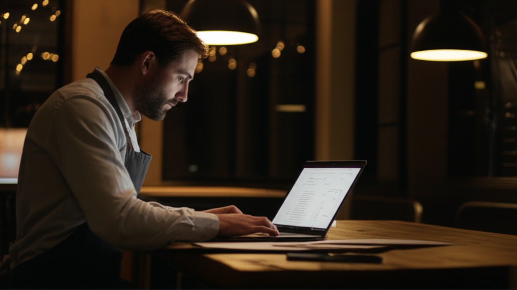 Restaurant owner reviewing operations late at night