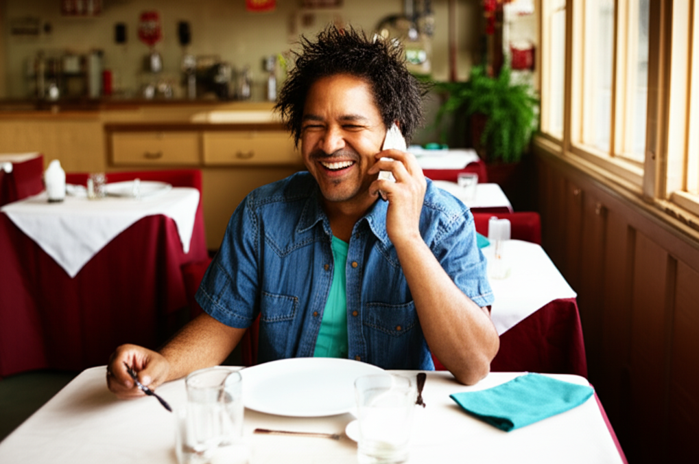 Customer speaking on the phone at a restaurant table