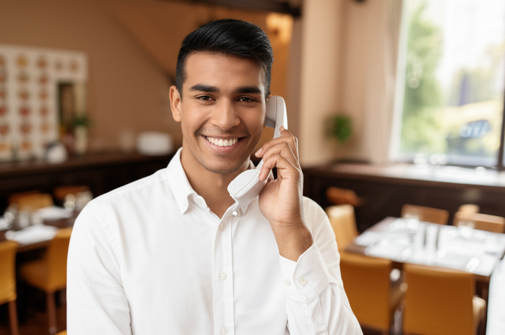 Restaurant owner smiling while taking a phone reservation
