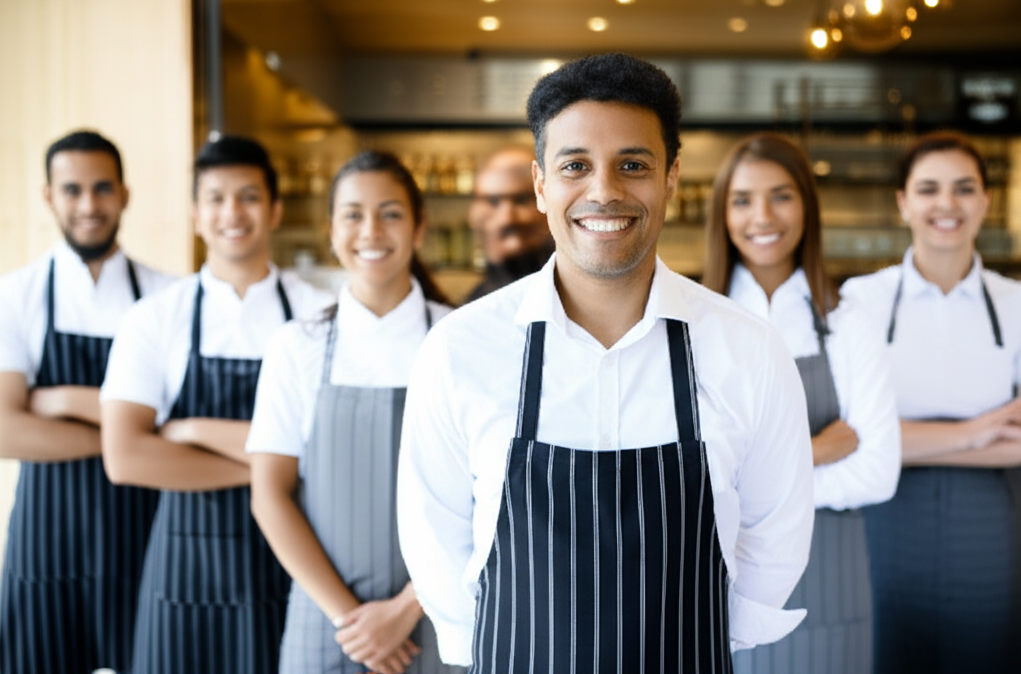 Restaurant owner smiling with team in the background