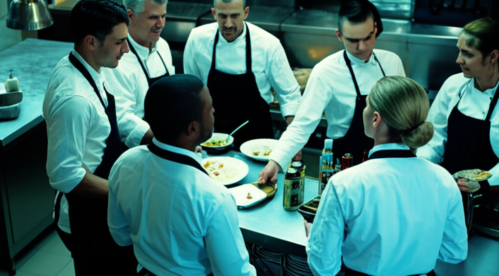 Restaurant team collaborating during service
